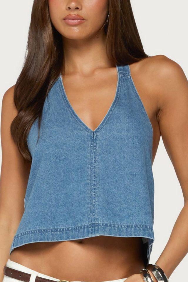 Edikted Teddie Backless Denim Halter Top by EDIKTED