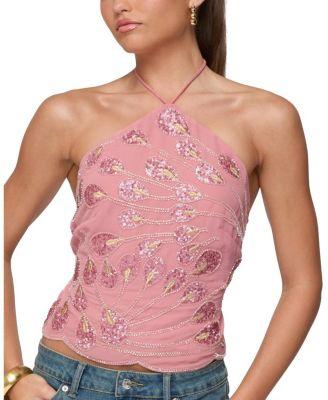 Embroidered Bead & Sequin Halter Top by EDIKTED