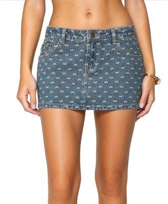 Embroidered Bow Denim Mini Skirt by EDIKTED