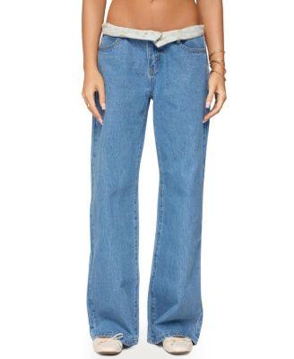 Floral Foldover Low Rise Medium Rinse Wash Jeans by EDIKTED