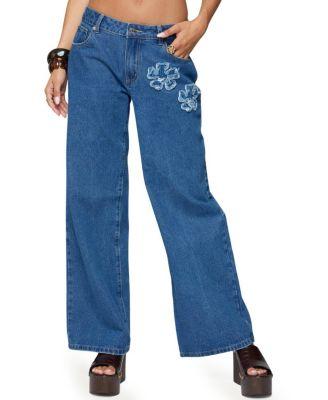Flower Patch Low Rise Jeans in Medium Rinse Wash by EDIKTED