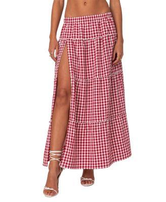 Gingham Side Slit Tiered Maxi Skirt by EDIKTED