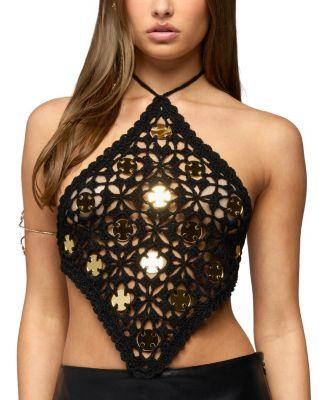 Gold Mirror Backless Crochet Halter Top by EDIKTED
