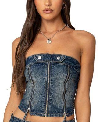 Guinevere Zip Washed Denim Top by EDIKTED