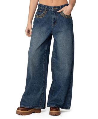 Gwen Leopard Detail Low Rise Dark Rinse Wash Jeans by EDIKTED