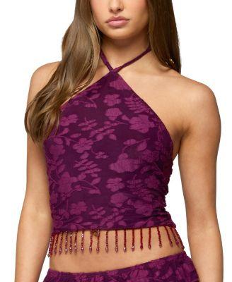 Keyla Bead Fringed Textured Halter Top by EDIKTED