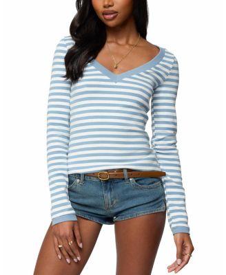 Kimi Striped Long Sleeve V Neck Top by EDIKTED