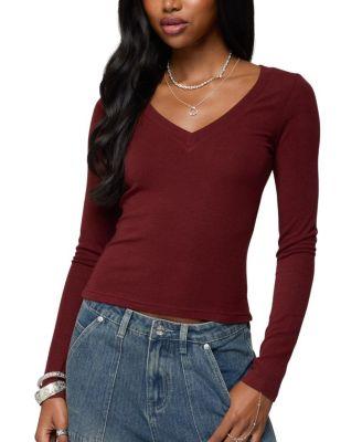 Larna V Neck Ribbed T Shirt by EDIKTED