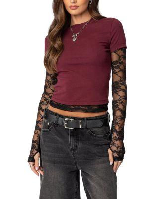 Layered Lace Sleeve T Shirt by EDIKTED