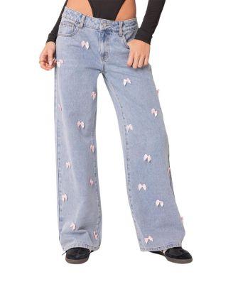 Lucille Low Rise Satin Bow Jeans in Light Blue by EDIKTED