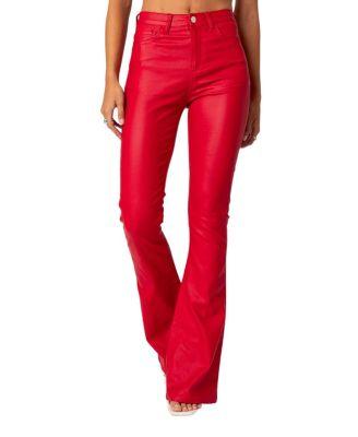 Luna Faux Leather Flare Jeans in Red by EDIKTED
