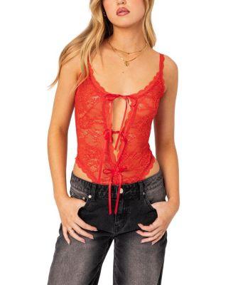 Maribelle Tie Front Sheer Lace Bodysuit by EDIKTED Maribelle Tie Front Sheer Lace Bodysuit by EDIKTED