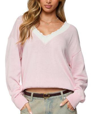 Marie Contrast Lacey V Neck Sweater by EDIKTED