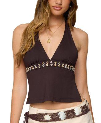 Pearlsy Button Backless Halter Top by EDIKTED