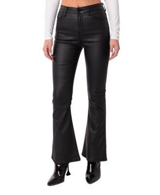 Petite Luna Faux Leather Flare Jeans in Black by EDIKTED
