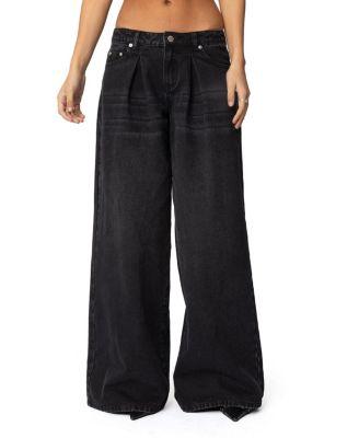Pleated Detail Low Rise Jeans in Black by EDIKTED