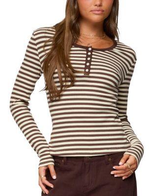 Roma Striped Henley Top by EDIKTED