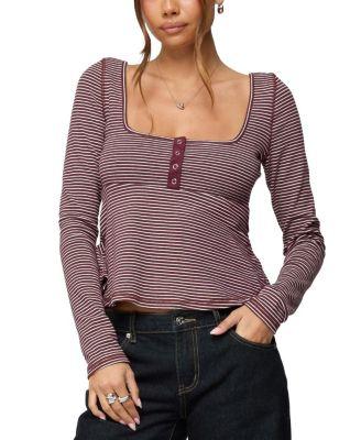 Sare Striped Babydoll Henley Top by EDIKTED