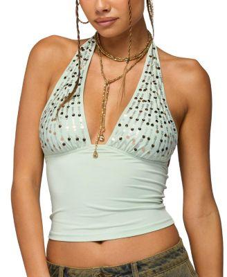 Sequin Plunge Neck Halter Top by EDIKTED