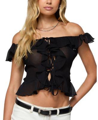 Sheer Chiffon Ruffled Off Shoulder Top by EDIKTED