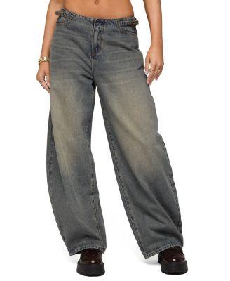 Side Belt Low Rise Barrel Jeans by EDIKTED