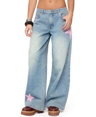 Trish Satin Effect Stars Low Rise Light Rinse Wash Jeans by EDIKTED