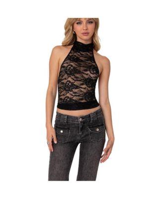 Women's Alena High Neck Sheer Lace Top by EDIKTED