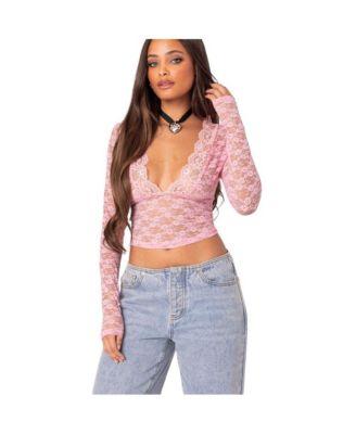 Women's Beck Plunge Neck Sheer Lace Top by EDIKTED