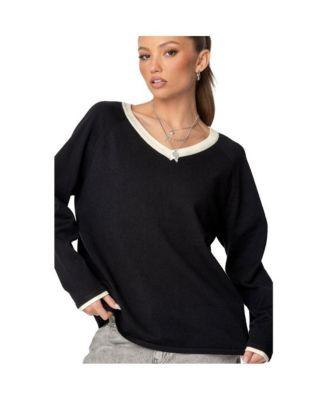 Women's Contrast V Neck Knit Sweater by EDIKTED