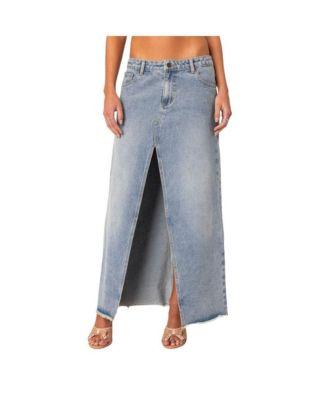 Women's Front Slit Washed Denim Maxi Skirt by EDIKTED