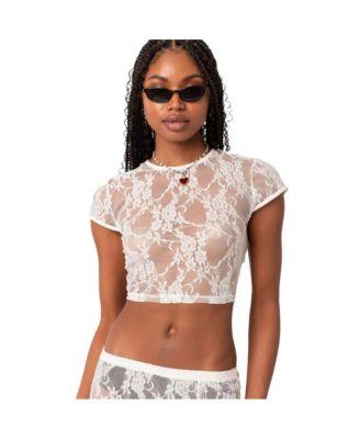 Women's Lace Open Back Cap Sleeve Crop Top by EDIKTED