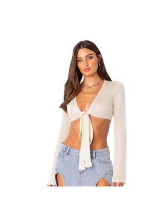 Women's Micro Sequin Tie Front Knit Crop Top by EDIKTED