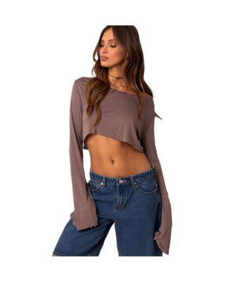 Women's Sheer Crop Top With Long Sleeve And Raw Hem by EDIKTED
