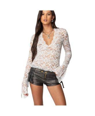 Women's Sheer Lace Bell Sleeve Top by EDIKTED