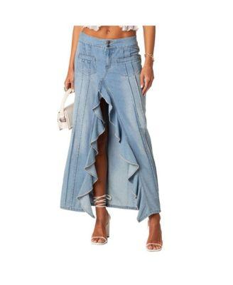 Women's Valencia Ruffle Slitted Denim Maxi Skirt by EDIKTED