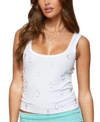 Zelena Faux Crystal Ribbed Tank Top by EDIKTED