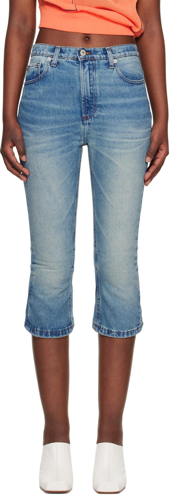 Blue Knee Jerk Capri Denim Shorts by EDWARD CUMING