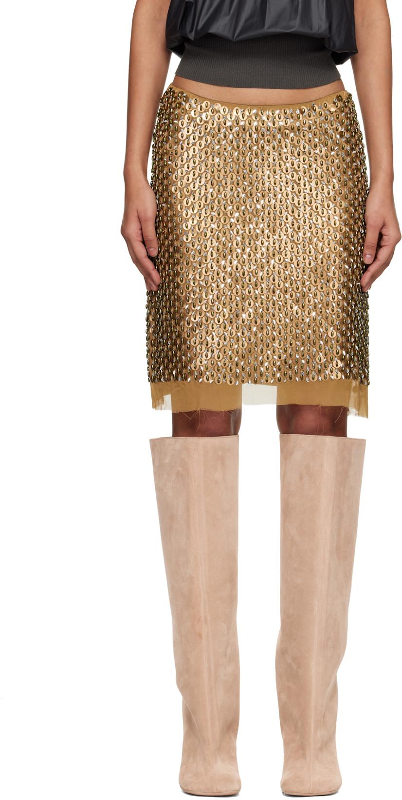 Gold Hand Embroidered Sequin Midi Skirt by EDWARD CUMING