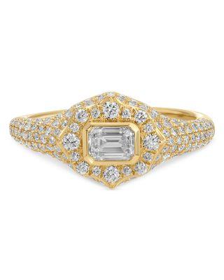 14K Yellow Gold EF Collection Diamond Emerald- & Round-Cut Daphne Signet Ring by EF COLLECTION