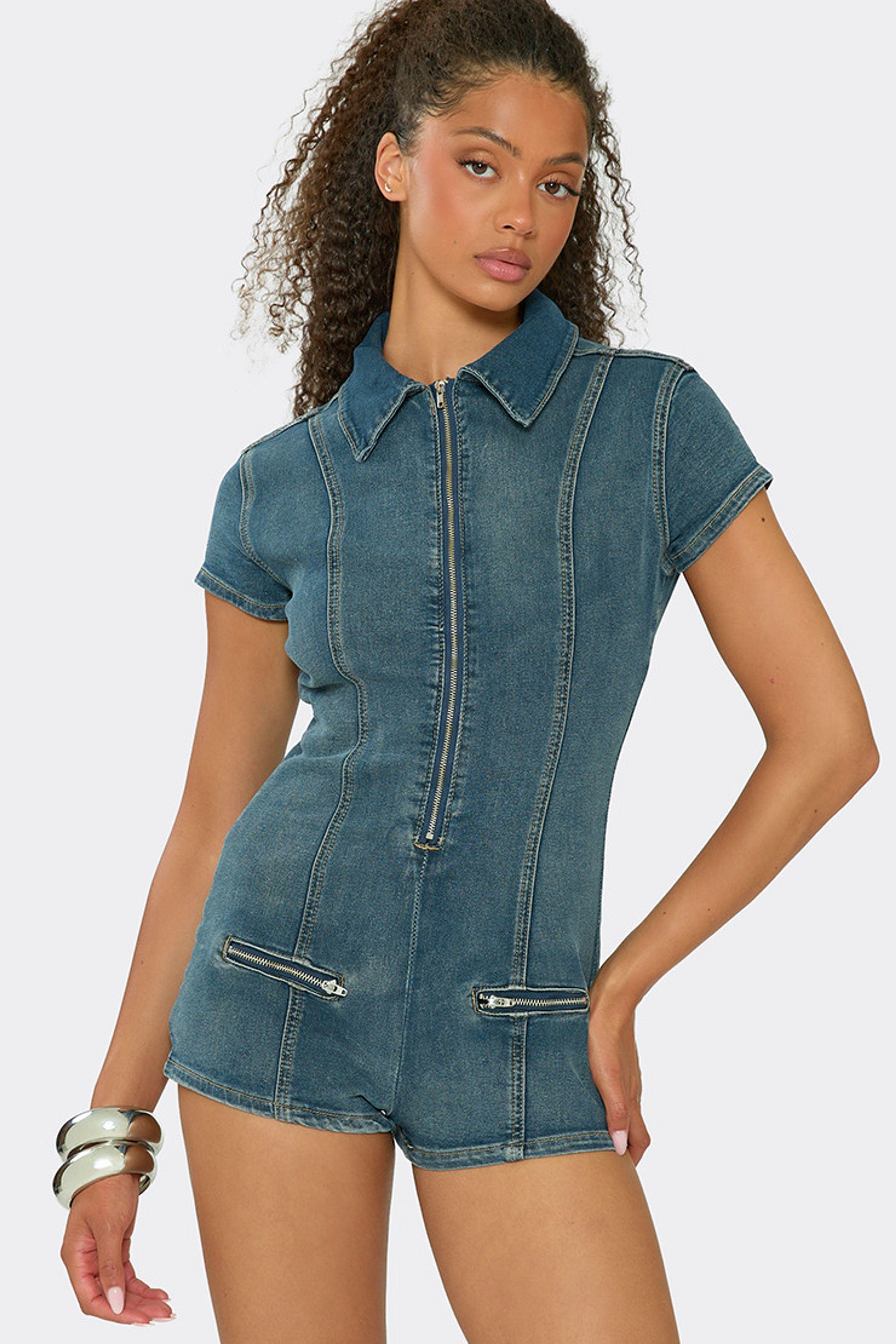 Fitted Short Sleeve Zip Denim Playsuit by EGO
