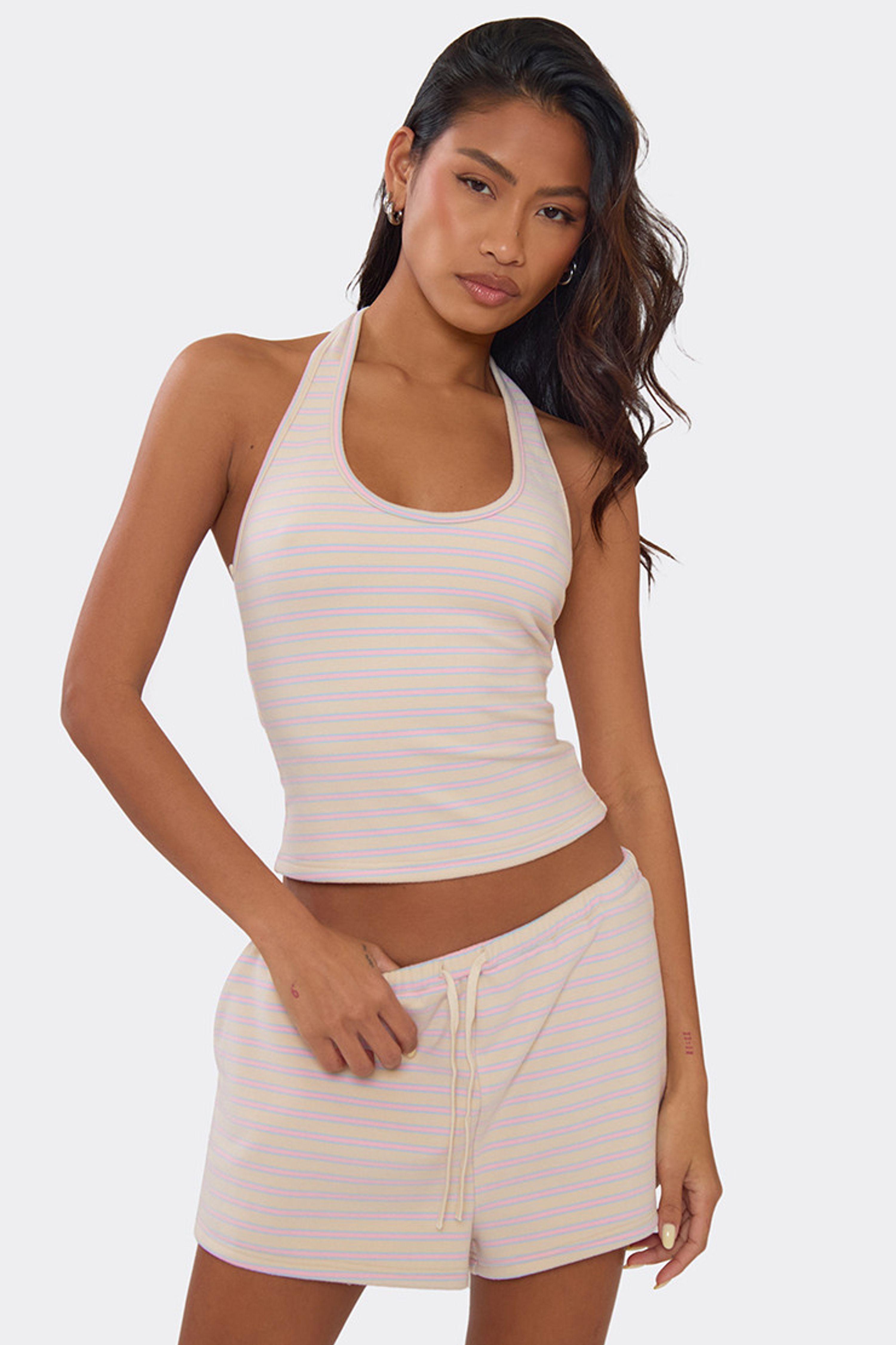Fitted Sleeveless Halter Neck Striped Top and Shorts Set by EGO
