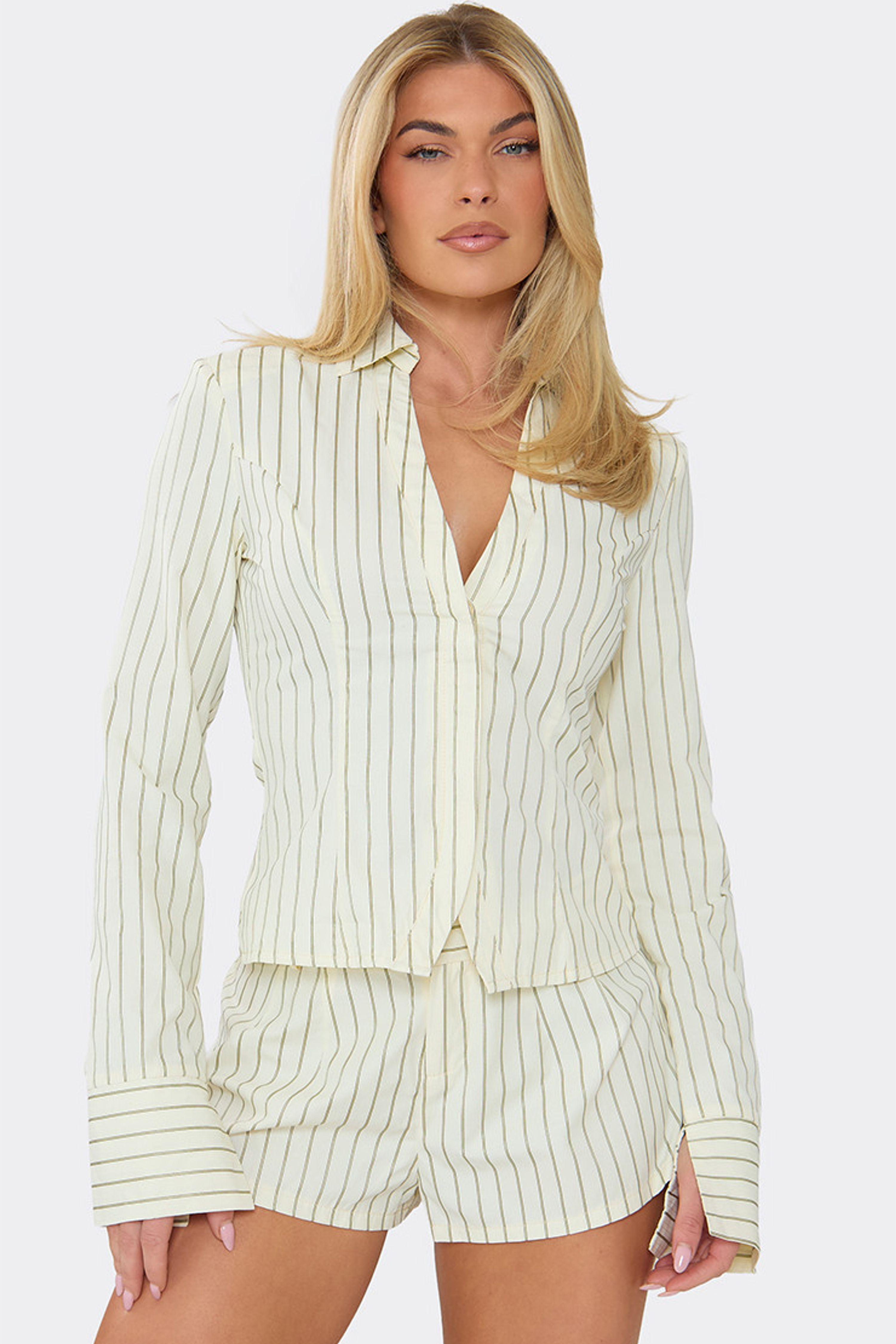 Long Sleeve V-Neck Pinstripe Top and Shorts Set by EGO