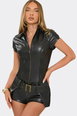 Short Sleeve Zip Belted Faux Leather Playsuit by EGO Short Sleeve Zip Belted Faux Leather Playsuit by EGO
