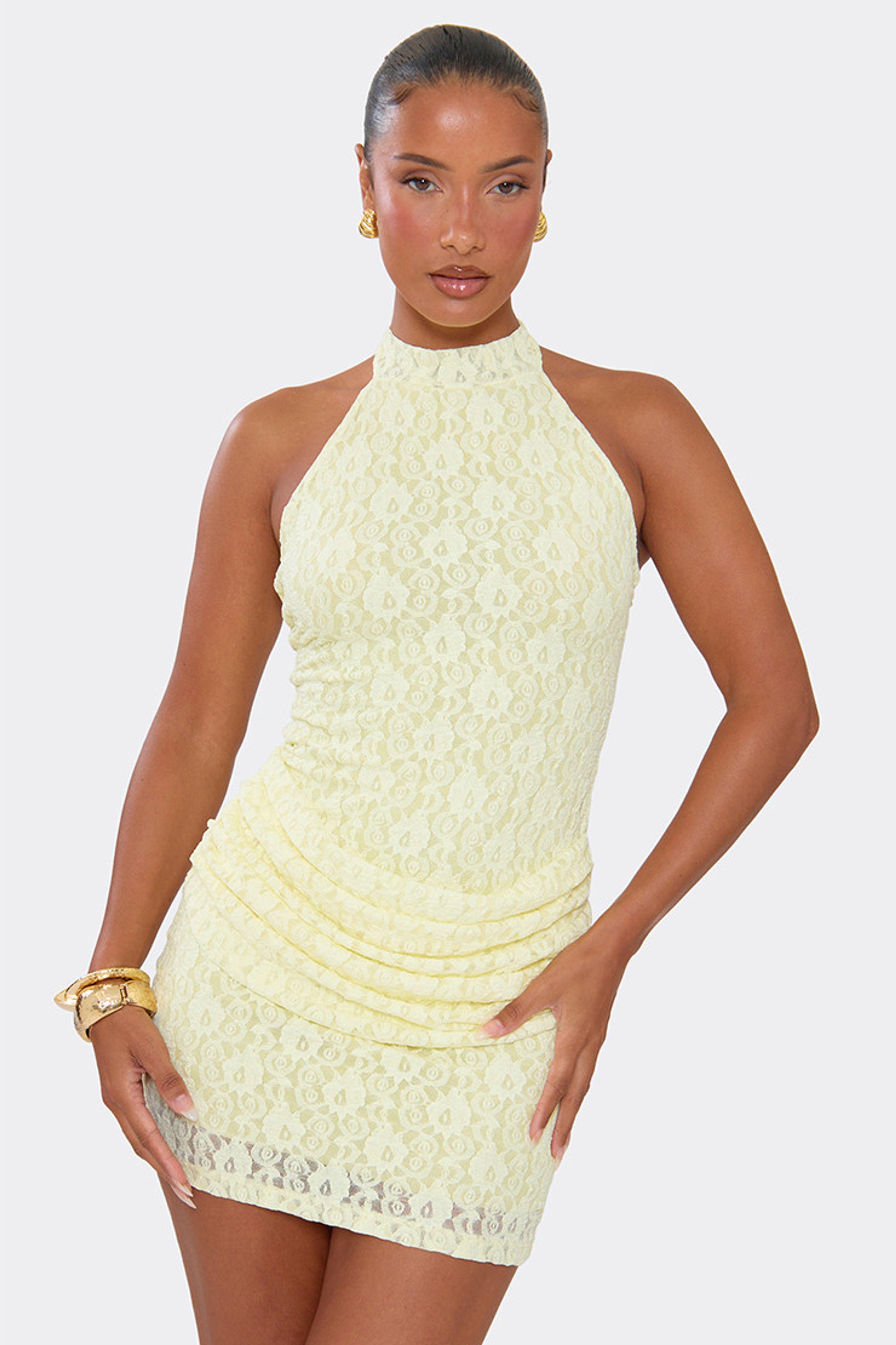 Sleeveless Drape Panel Lace Mini Dress by EGO