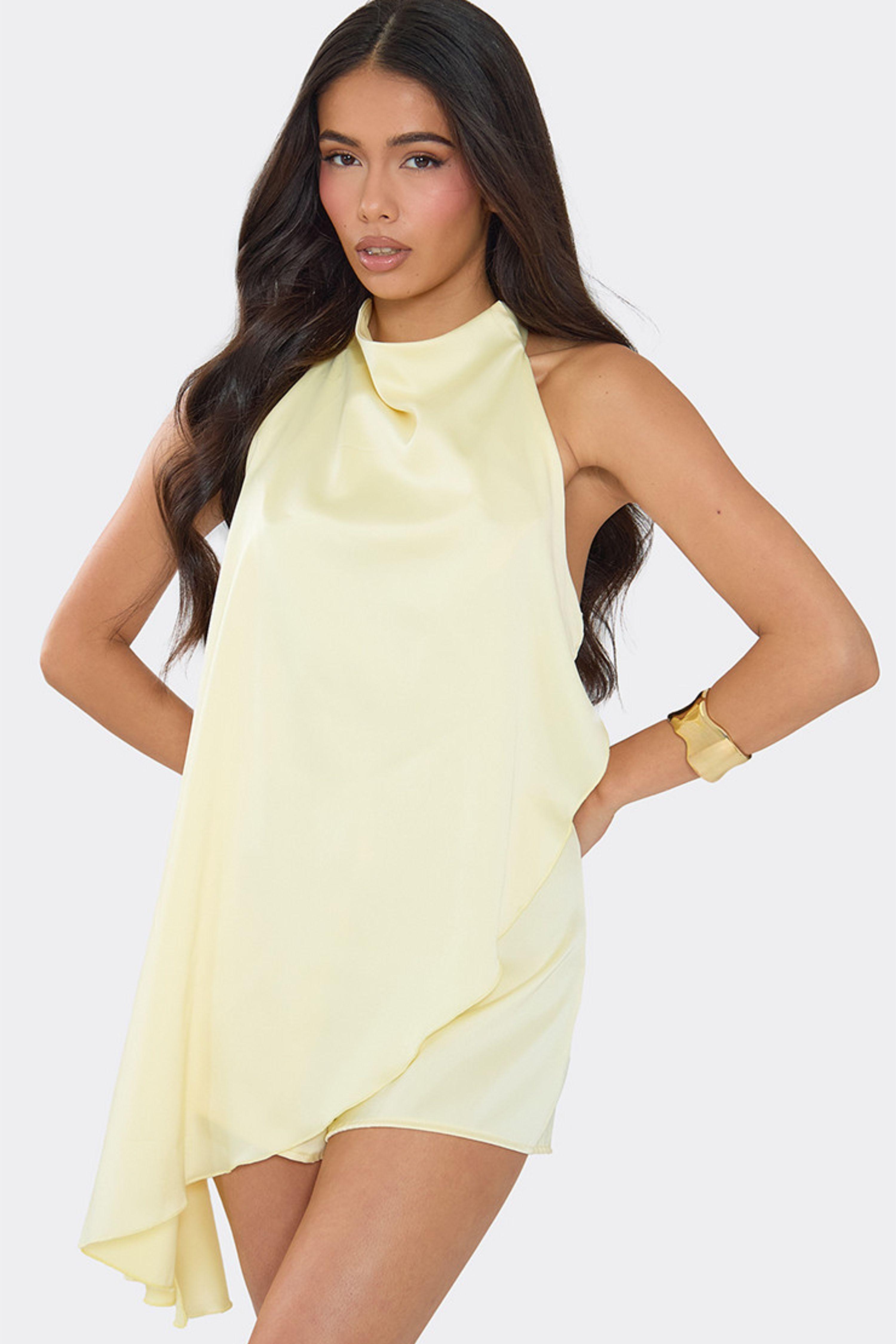 Sleeveless High Neck Drape Satin Playsuit by EGO