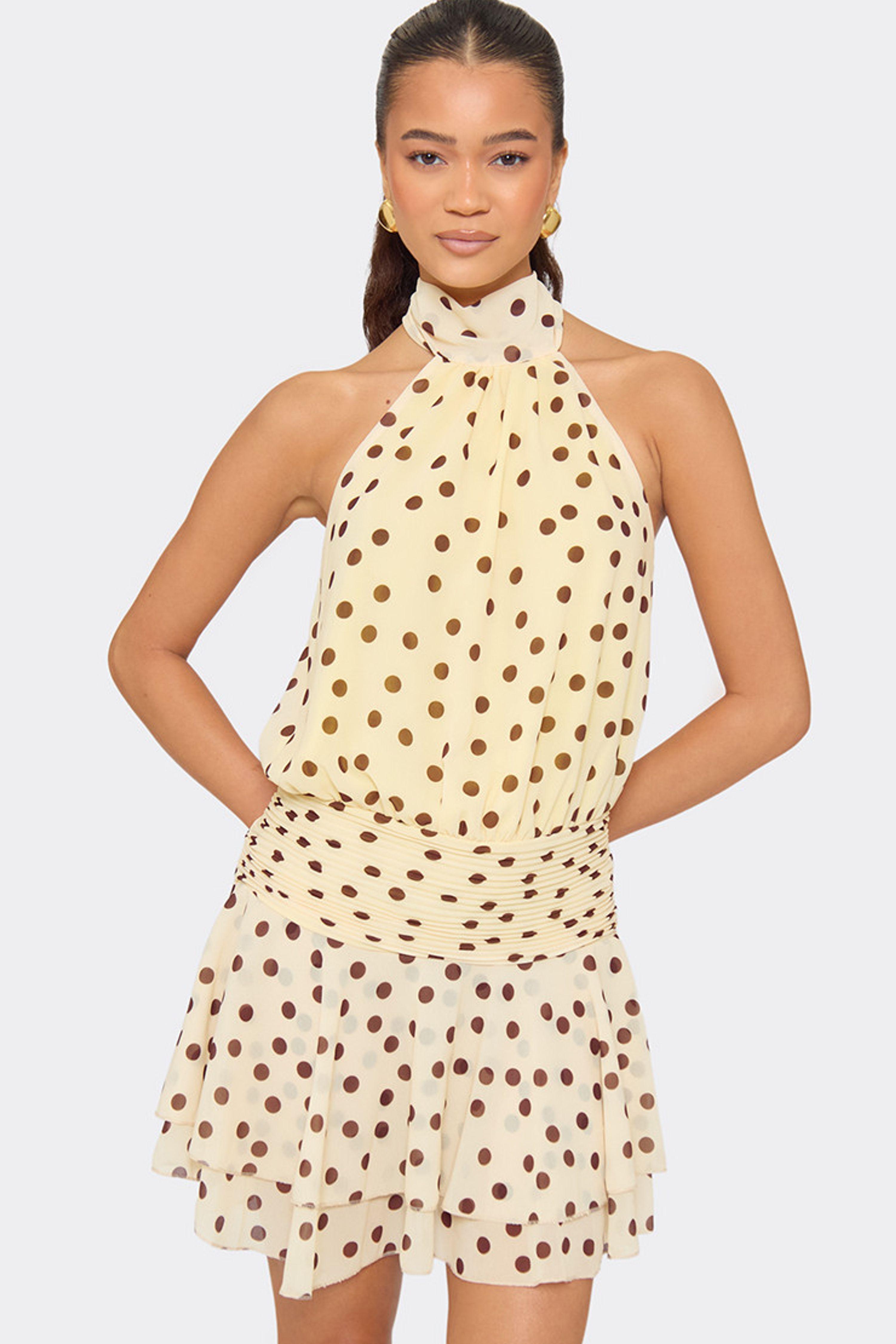 Sleeveless High Neck Frill Trim Polka Dot Mini Dress by EGO