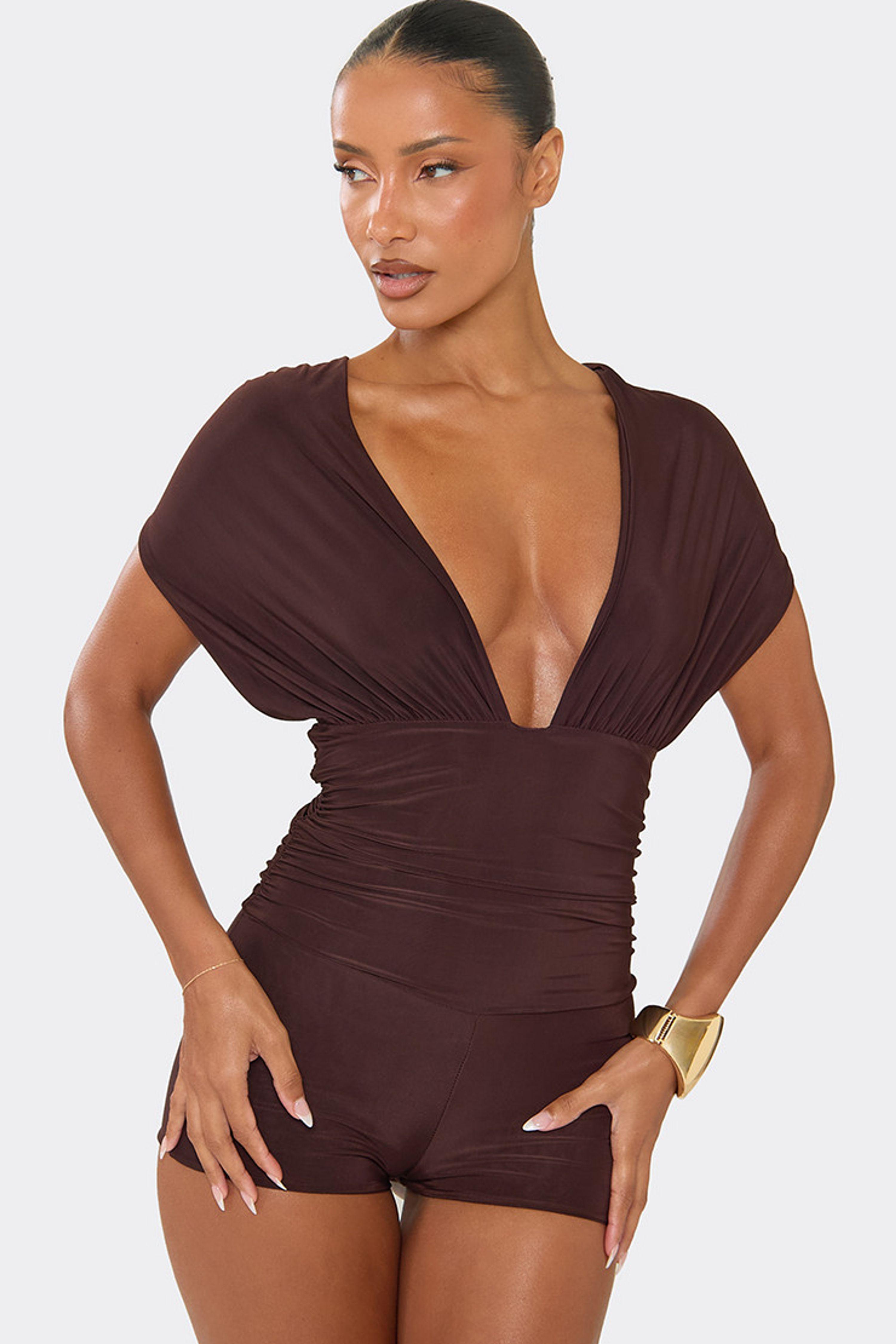 Sleeveless Tie Plunging Neckline Ruched Playsuit by EGO