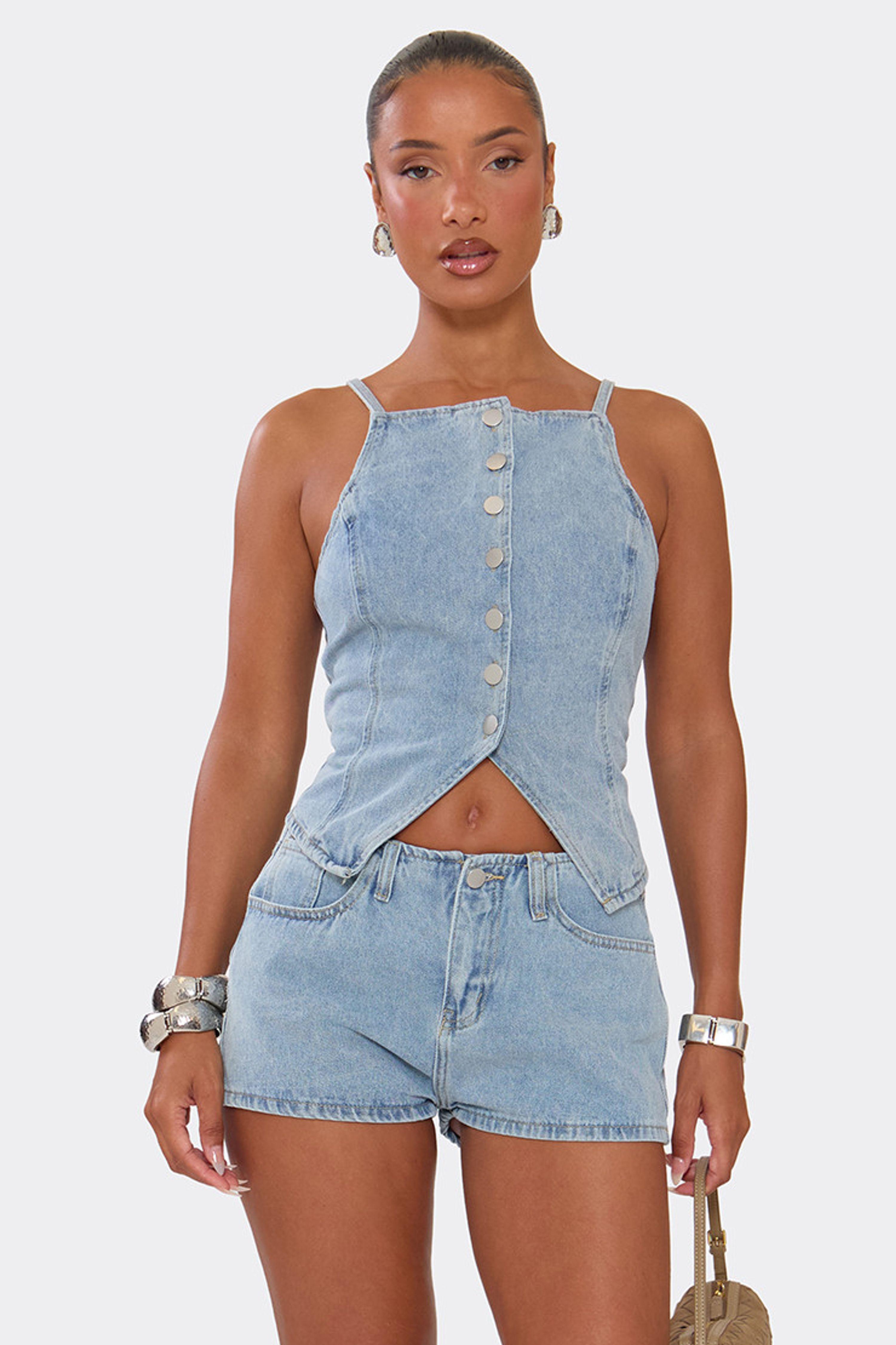 Strappy Button Up Square Neck Split Hem Denim Top by EGO