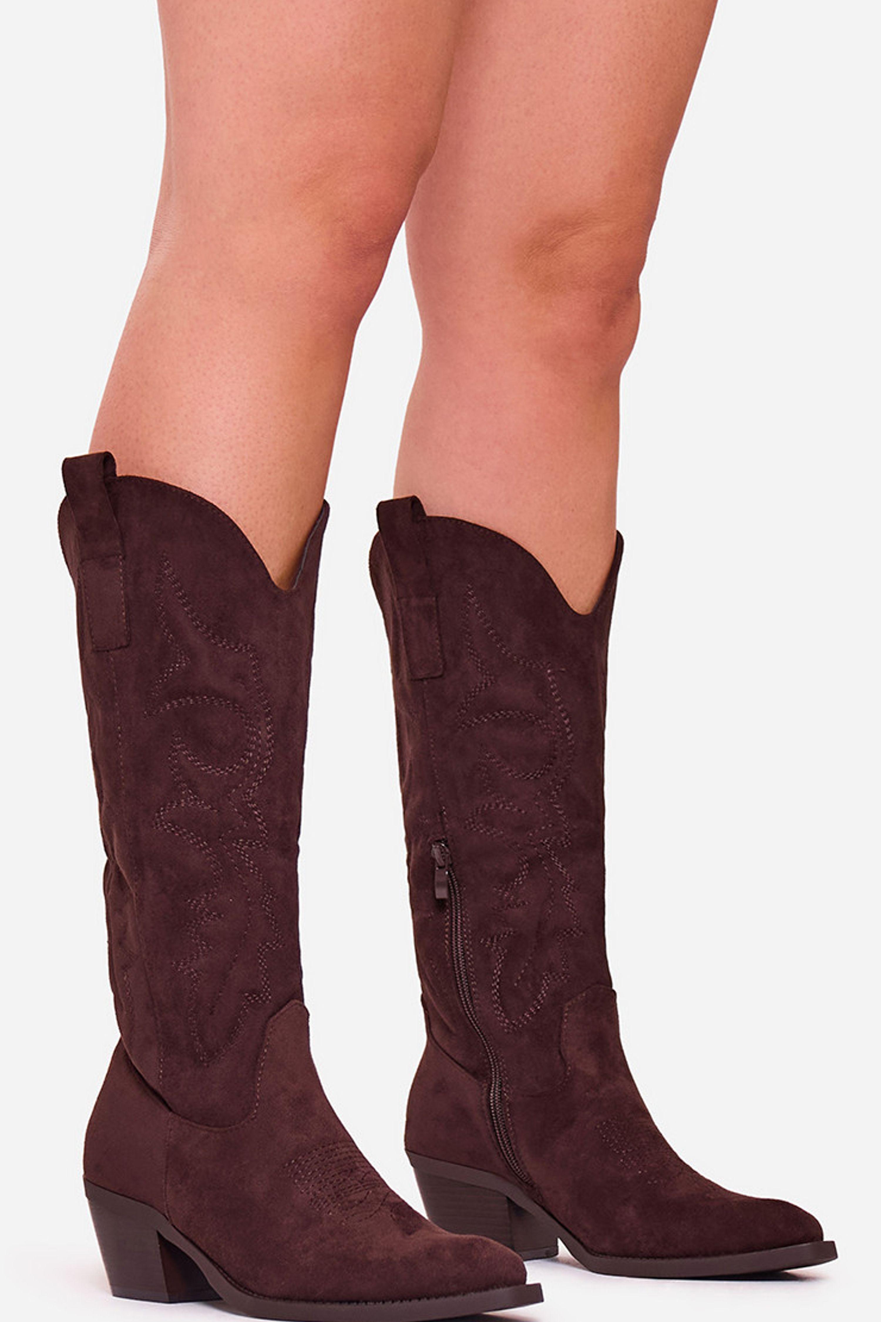 Western Cowboy Embroidered Faux Suede Block Heel Boots by EGO
