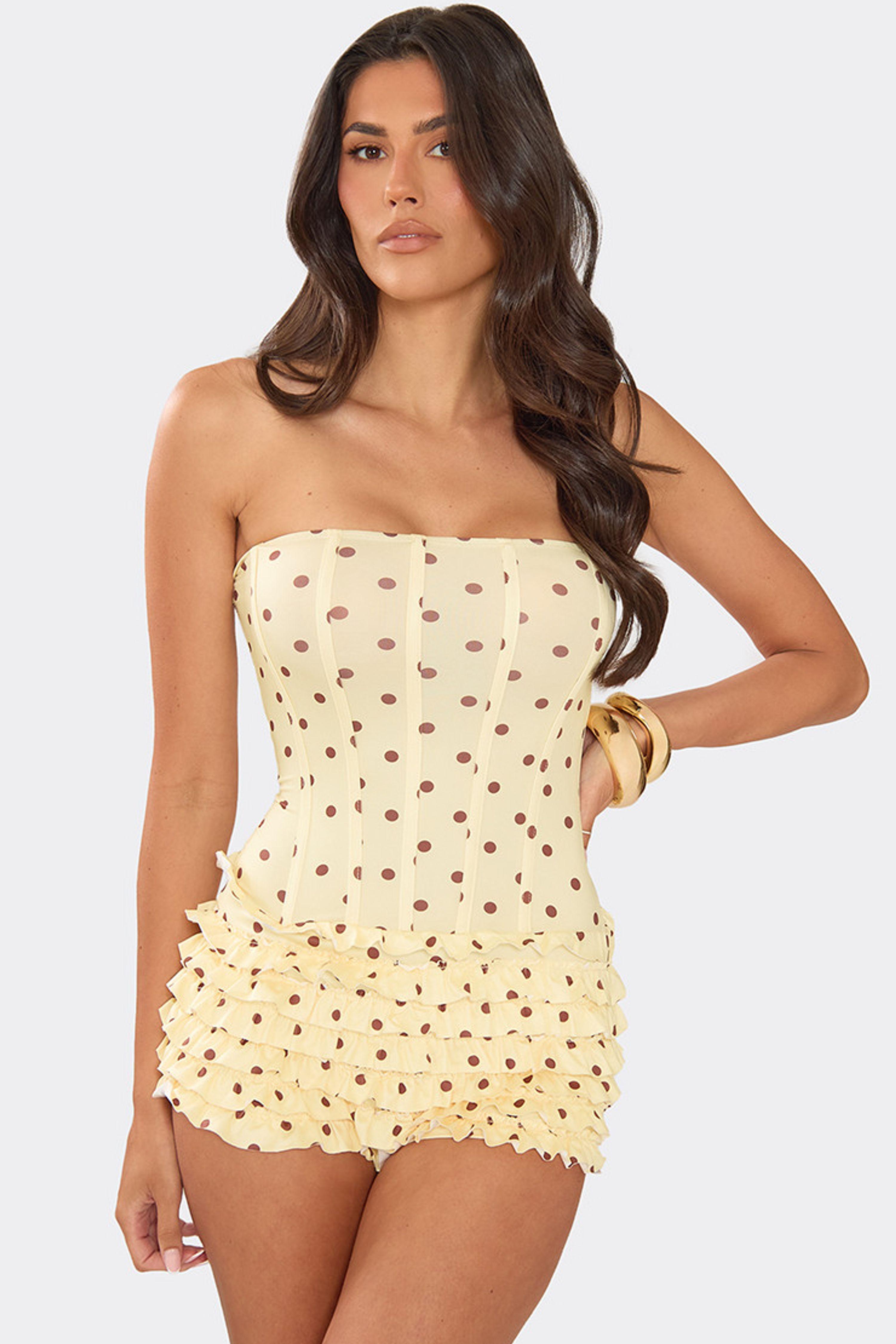 Wide Leg Sleeveless Bandeau Tiered Polka Dot Playsuit by EGO